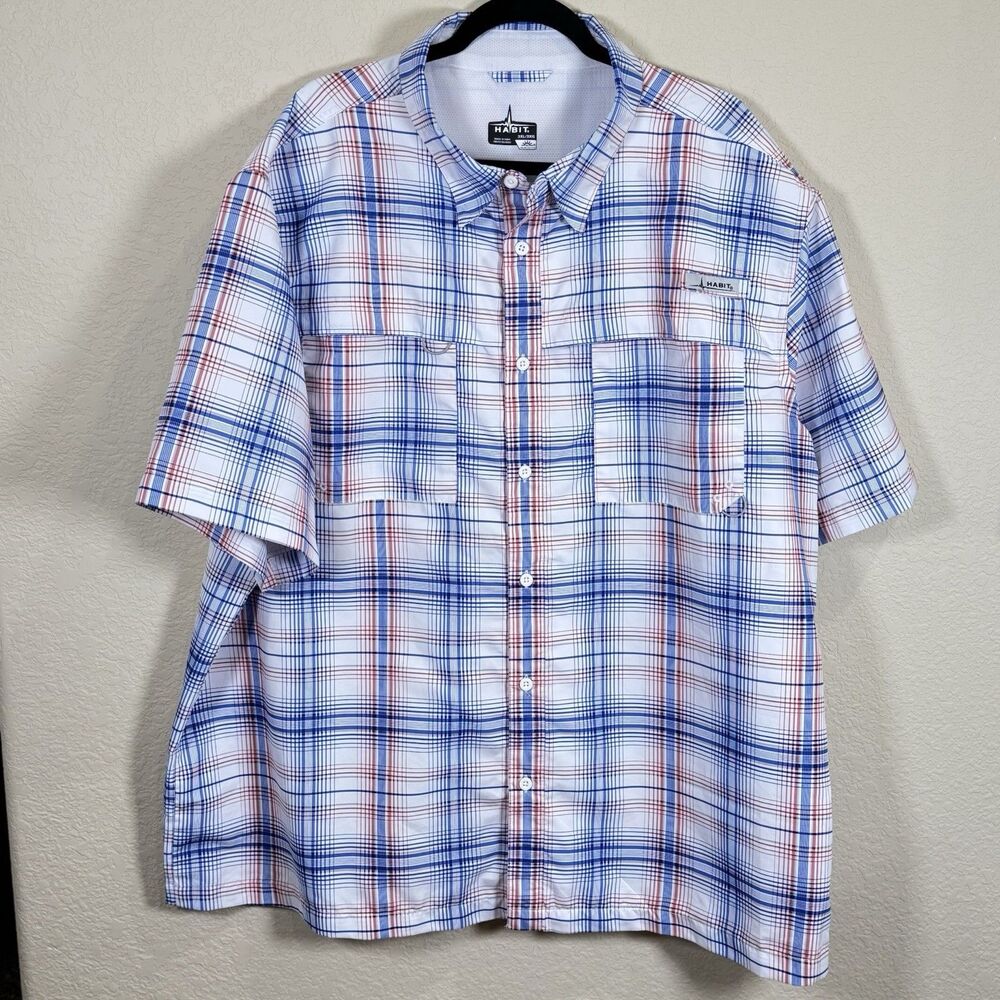 Habit Shirt Fishing Button Up Vented White w/ Red Blue Check UPF40 3XL‎ Outdoors